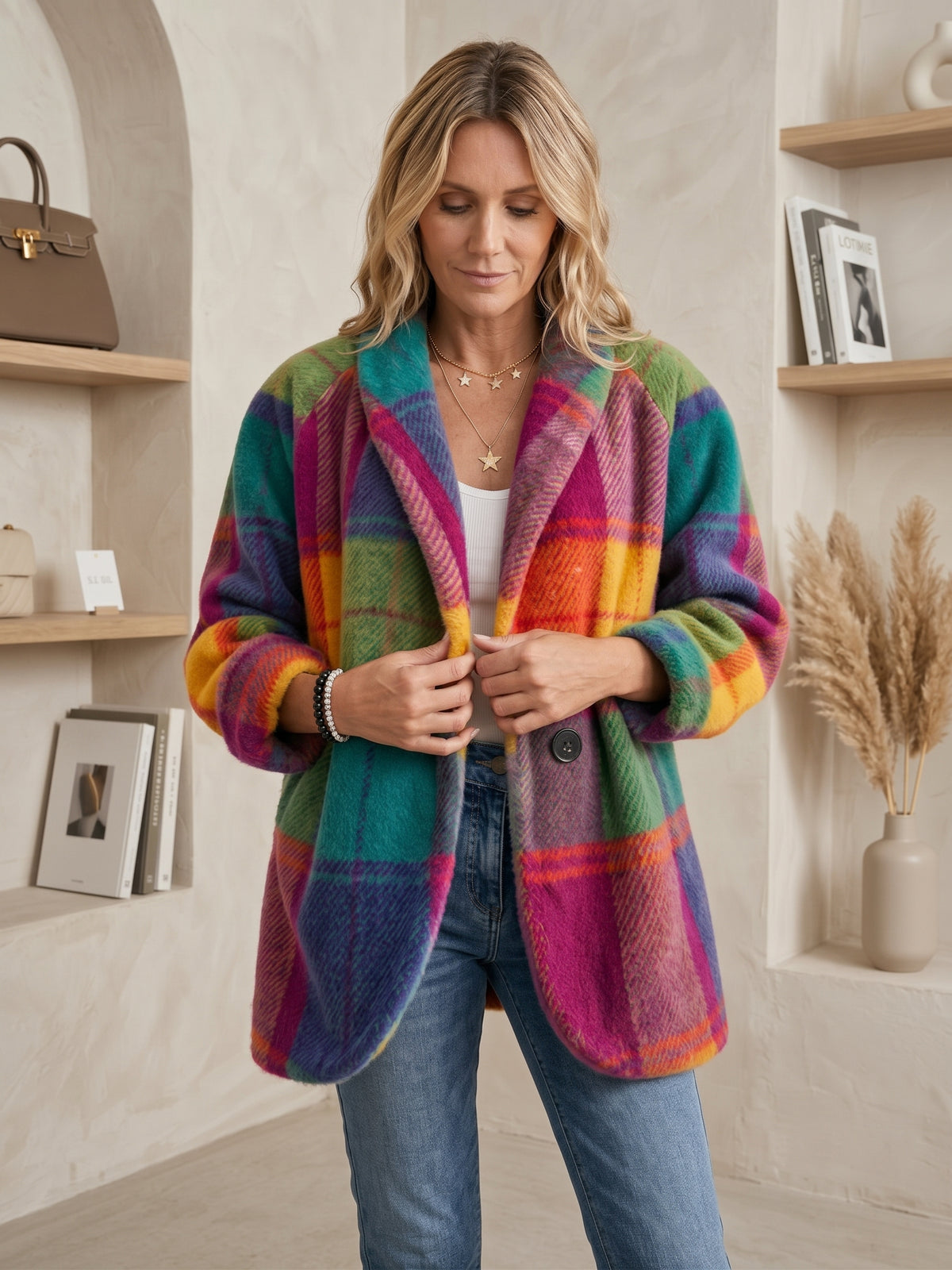 Manteau oversize à carreaux multicolores