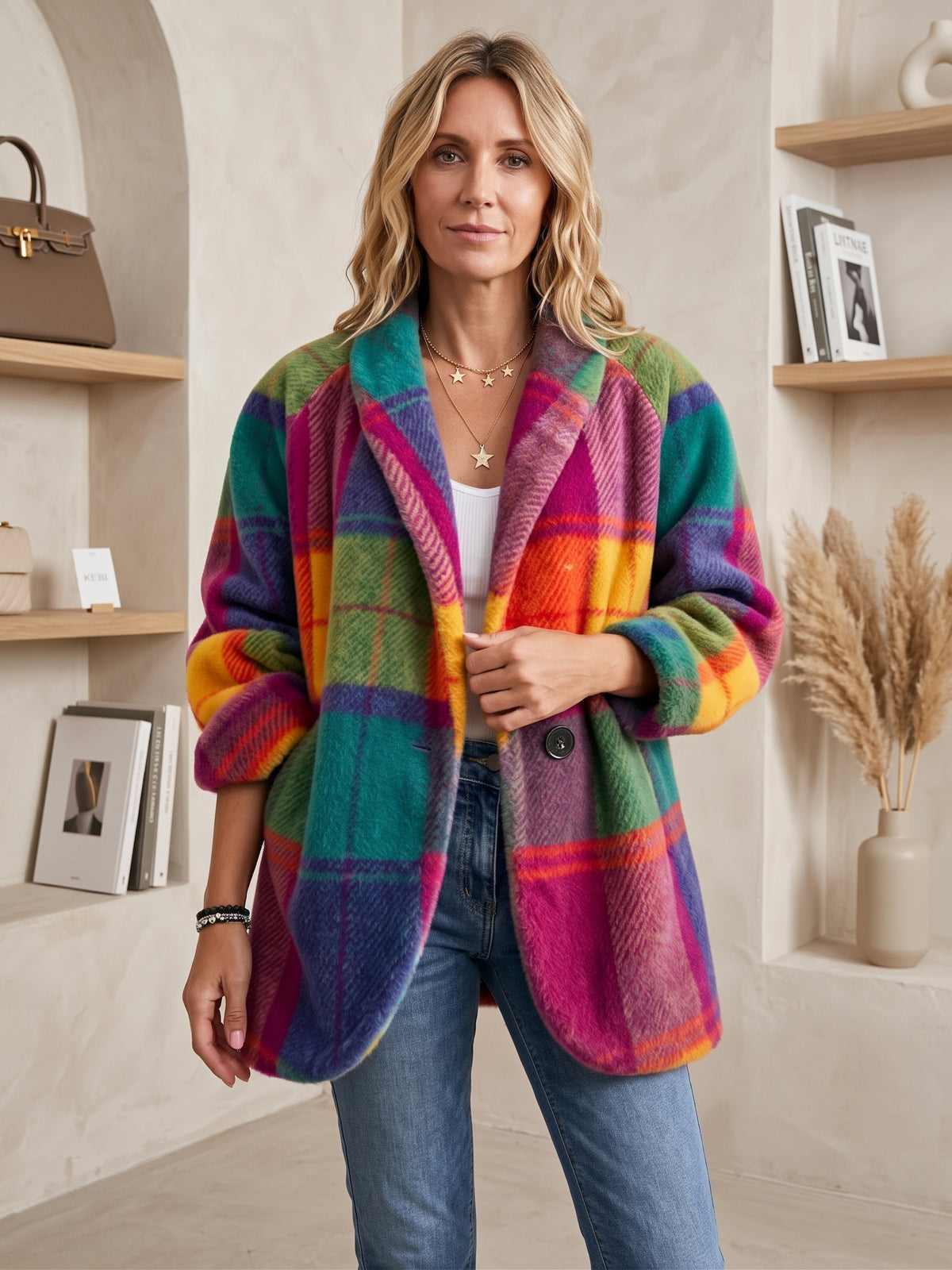 Manteau oversize à carreaux multicolores