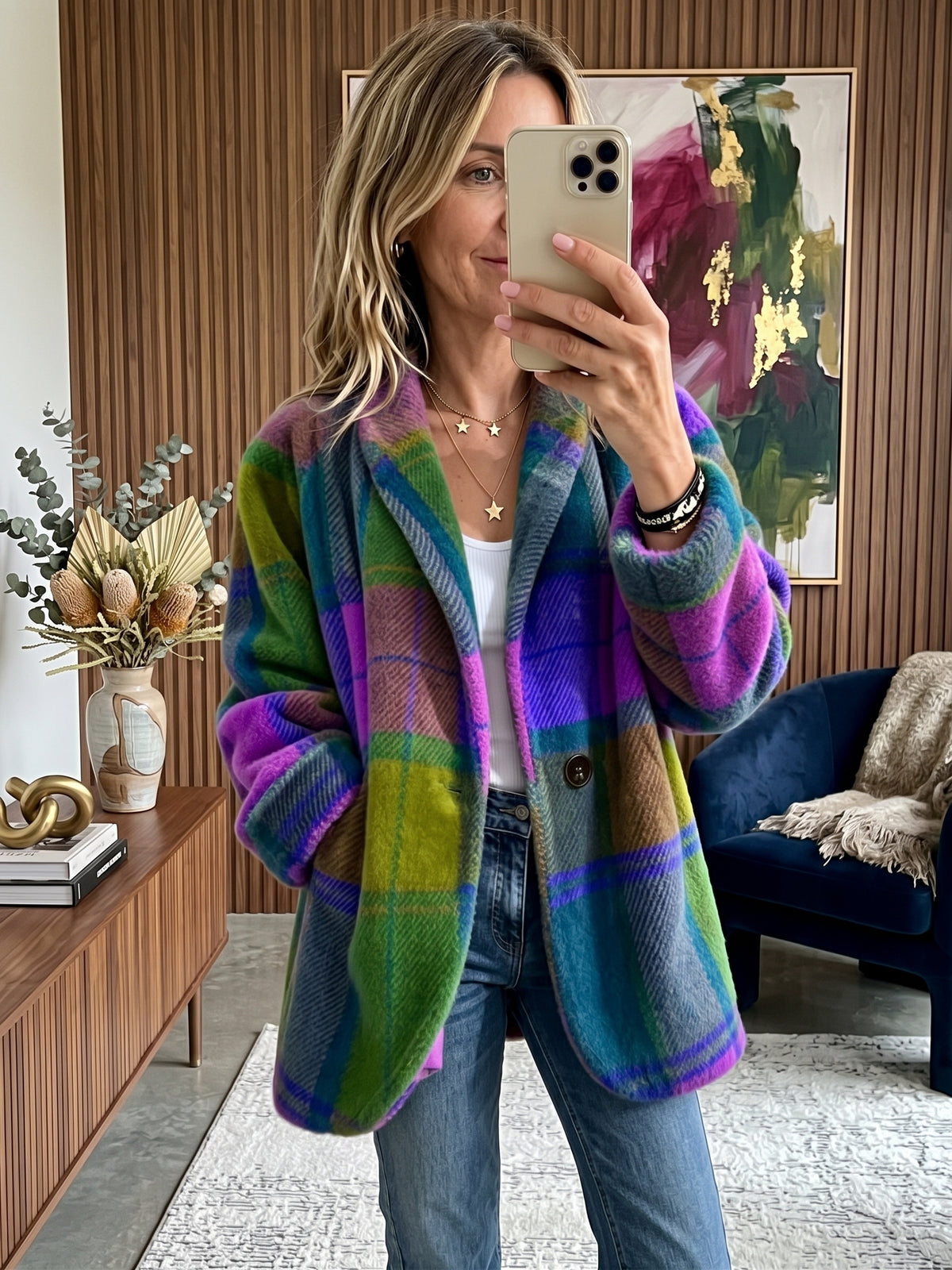 Manteau oversize à carreaux multicolores